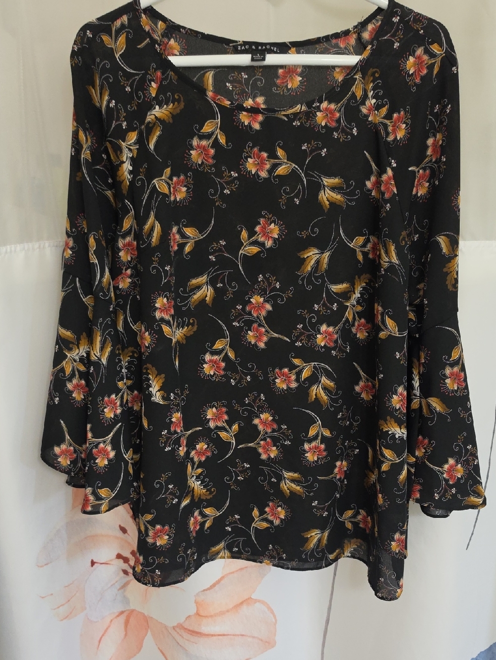 Zac & Rachel Black Floral Long-Sleeve Scoop Neck Blouse